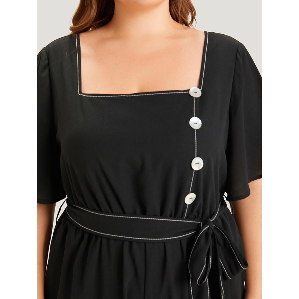 Plus Size Black Contrast Stitch Pocket Button Detail Belted Zipper Jumpsuit Women Office Short sleeve Square Neck Work Loose Jumpsuits BloomChic 28/5X Product Image