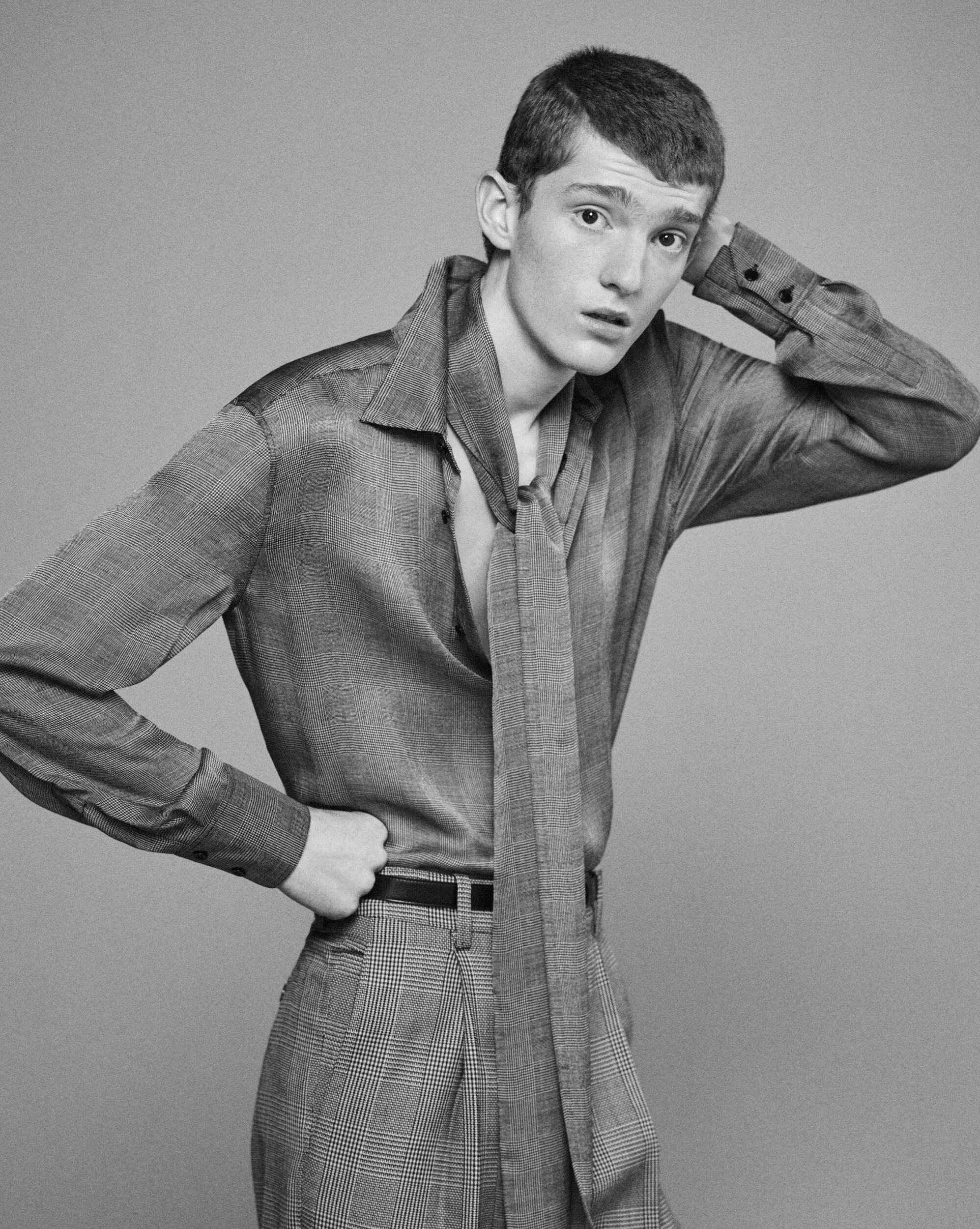 shirt in prince of wales silk charmeuse Product Image