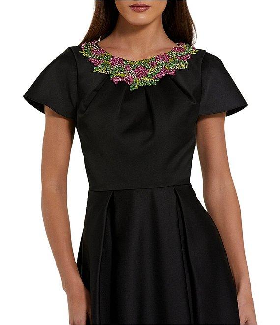 Mac Duggal Beaded Round Neck Short Sleeve Satin Aline Gown Product Image