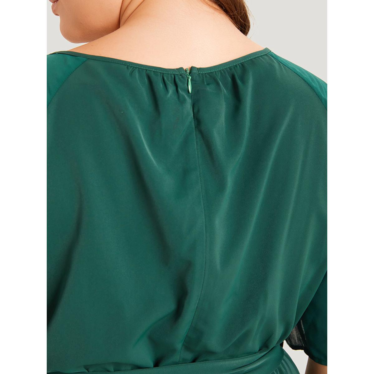 Plus Size DarkGreen Solid Belted Pocket Cut Out Zipper Jumpsuit Women Office Short sleeve Round Neck Office Loose Jumpsuits BloomChic 22-24/3X Product Image