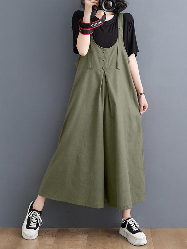 Ninth Pants Wide Leg Buttoned Solid Color Spaghetti-Neck Overalls Product Image