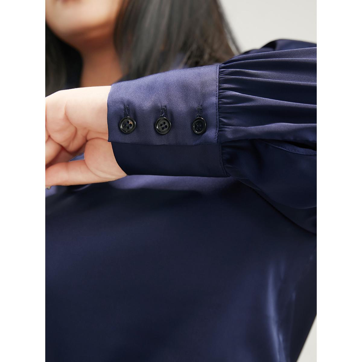 Plus Size Indigo Solid Knotted V Neck Satin Blouse Women Office Long Sleeve Tie Neck Office Blouses BloomChic 12/L Product Image