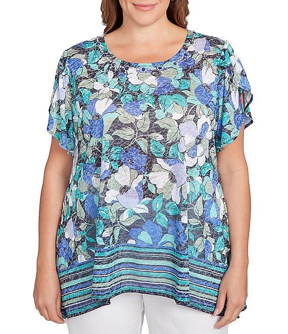 Ruby Rd. Plus Size Jersey Knit Floral Stripe Border Print Round Neck Short Sleeve Sharkbite Hem Top Product Image