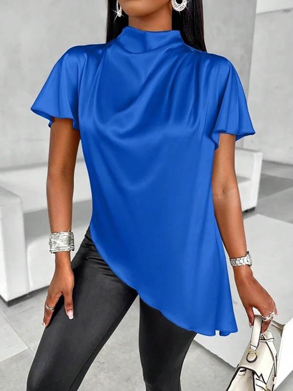 Loose Short Sleeves Asymmetric Solid Color Mock Neck Blouses&Shirts Tops Product Image