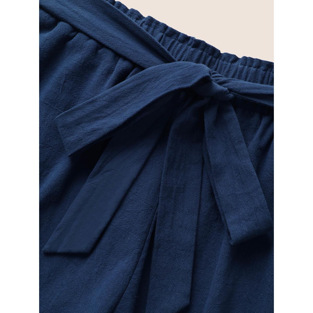 Plus Size Paperbag Waist Tie Knot Roll Hem Shorts Women DarkBlue Elegant Tie knot Wide Leg Everyday Shorts BloomChic 28/5X Product Image