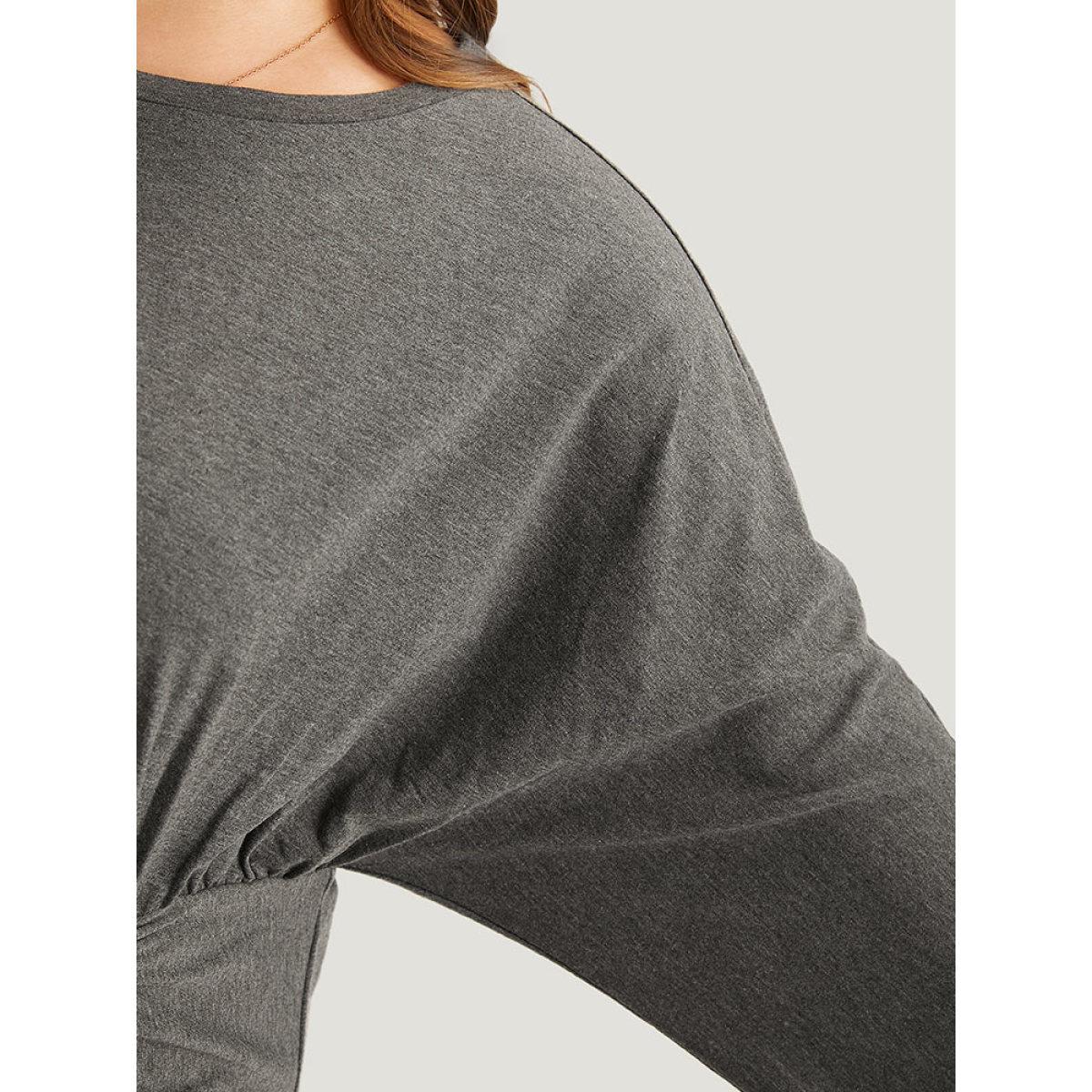 Plus Size Split Hem Drawstring Batwing Sleeve Dress DimGray Women Casual Plain Round Neck Elbow-length sleeve Curvy Midi Dress BloomChic 22-24/3X Product Image