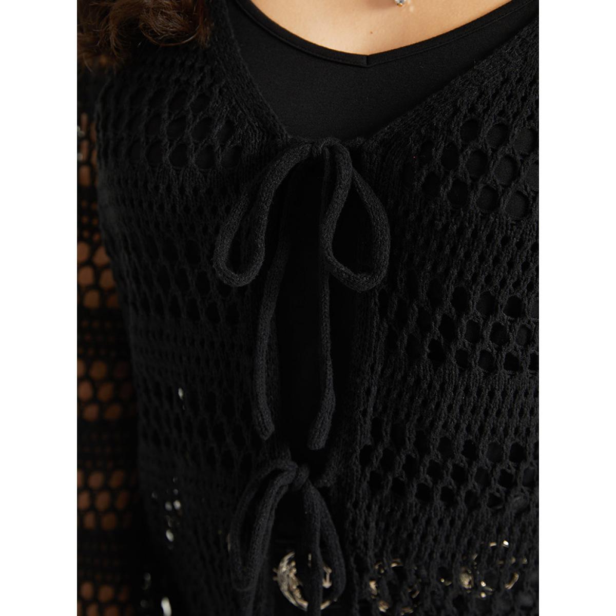 Plus Size Halloween Plain Hollow Out Ties Open Front Cardigan Black Women Casual Loose Long Sleeve Festival-Halloween Cardigans BloomChic 22-24/3X Product Image