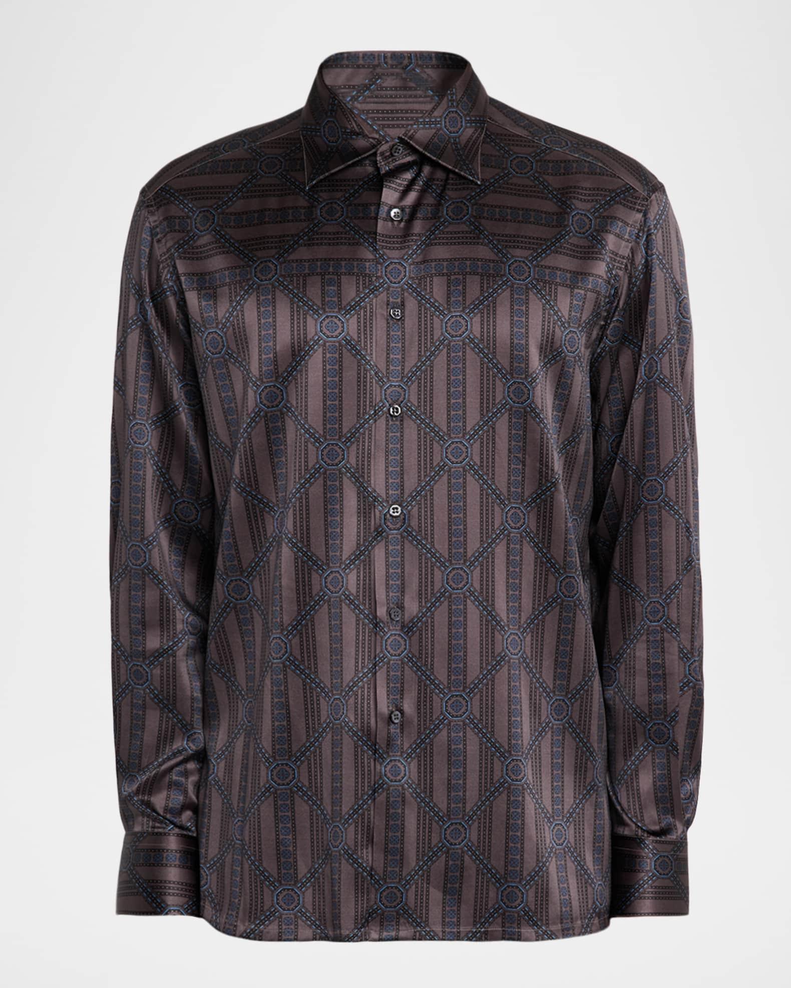 Men's Geometric Stripe Silk-Elastane Sport Shirt Product Image