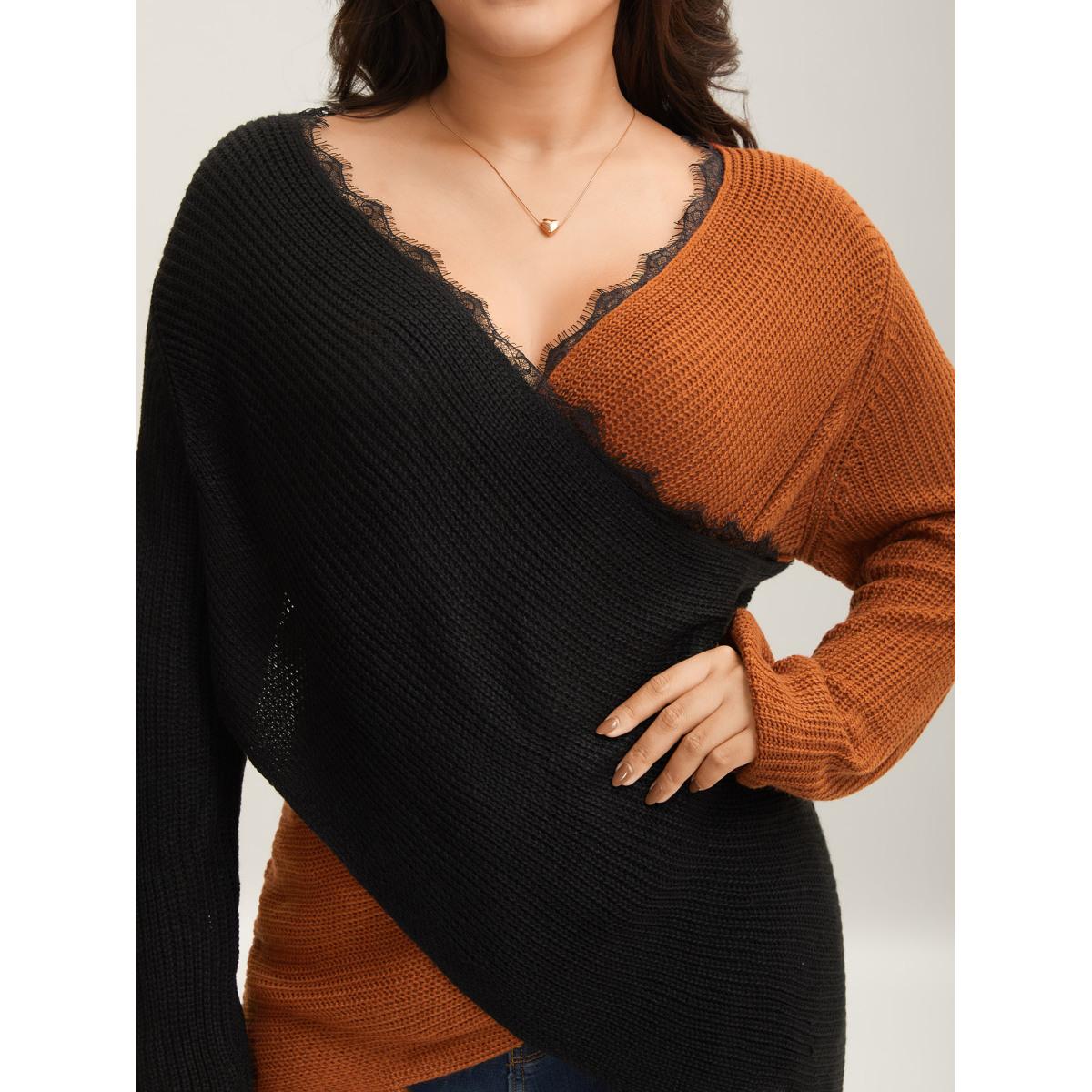 Plus Size Colorblock Contrast Pointelle Knit Lace Crisscross Knit Top Chocolate Women Elegant Loose Long Sleeve Deep V-neck Dailywear Pullovers BloomChic 30/6X Product Image