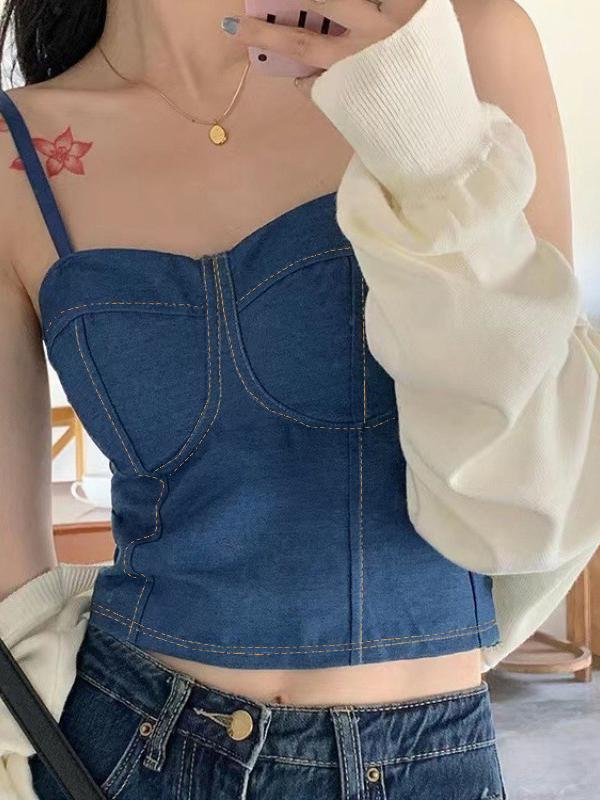 Denim Smocked Cropped Women Vest Product Image
