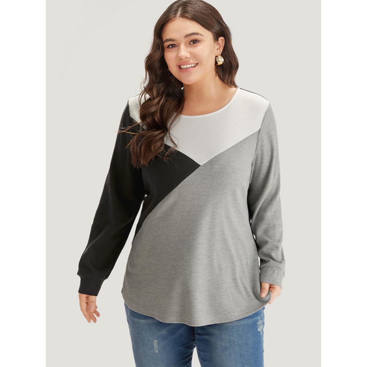 Plus Size Colorblock Contrast Crew Neck Long Sleeve T-shirt Multicolor Women Casual Elastic cuffs Plain Round Neck Dailywear T-shirts BloomChic 12/L Product Image