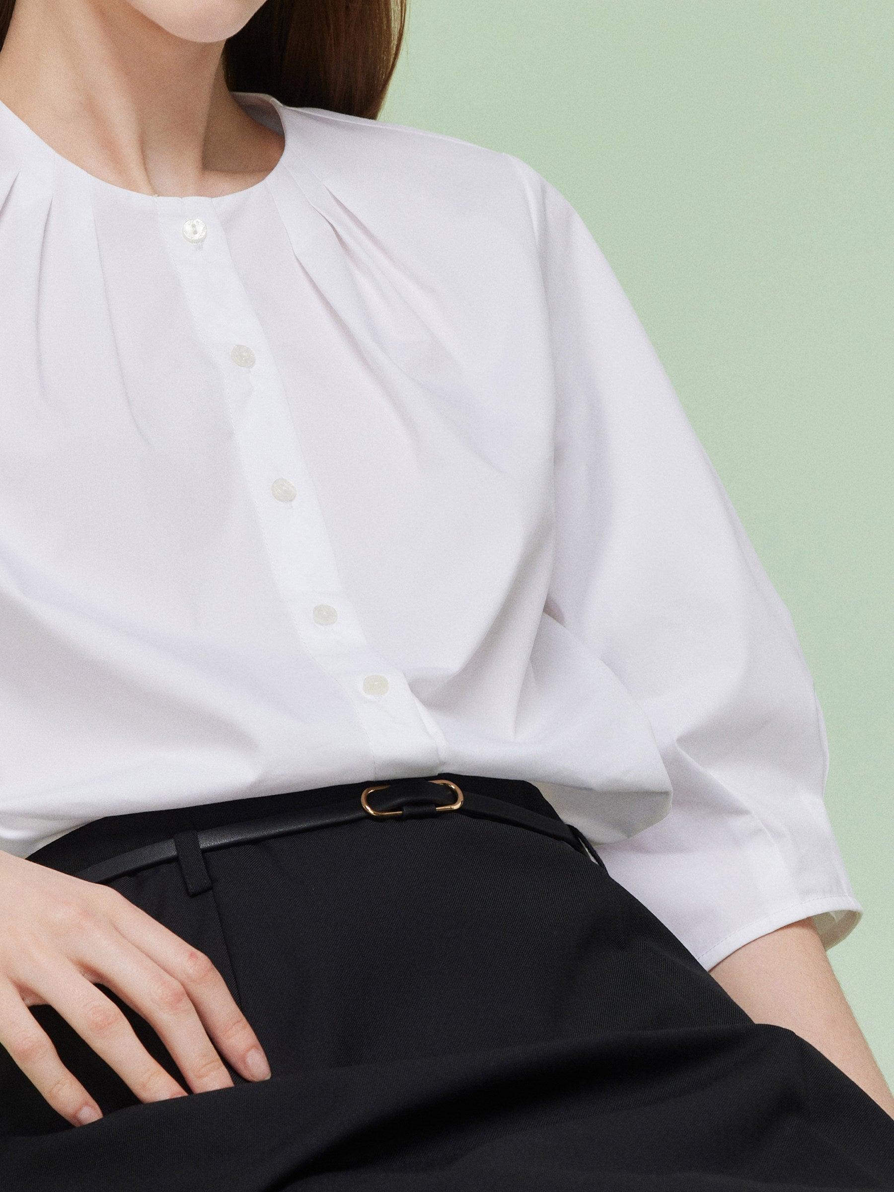 3/4 Sleeve Shirt And Front Slit Skirt Two-Piece Set With Leather Belt Product Image