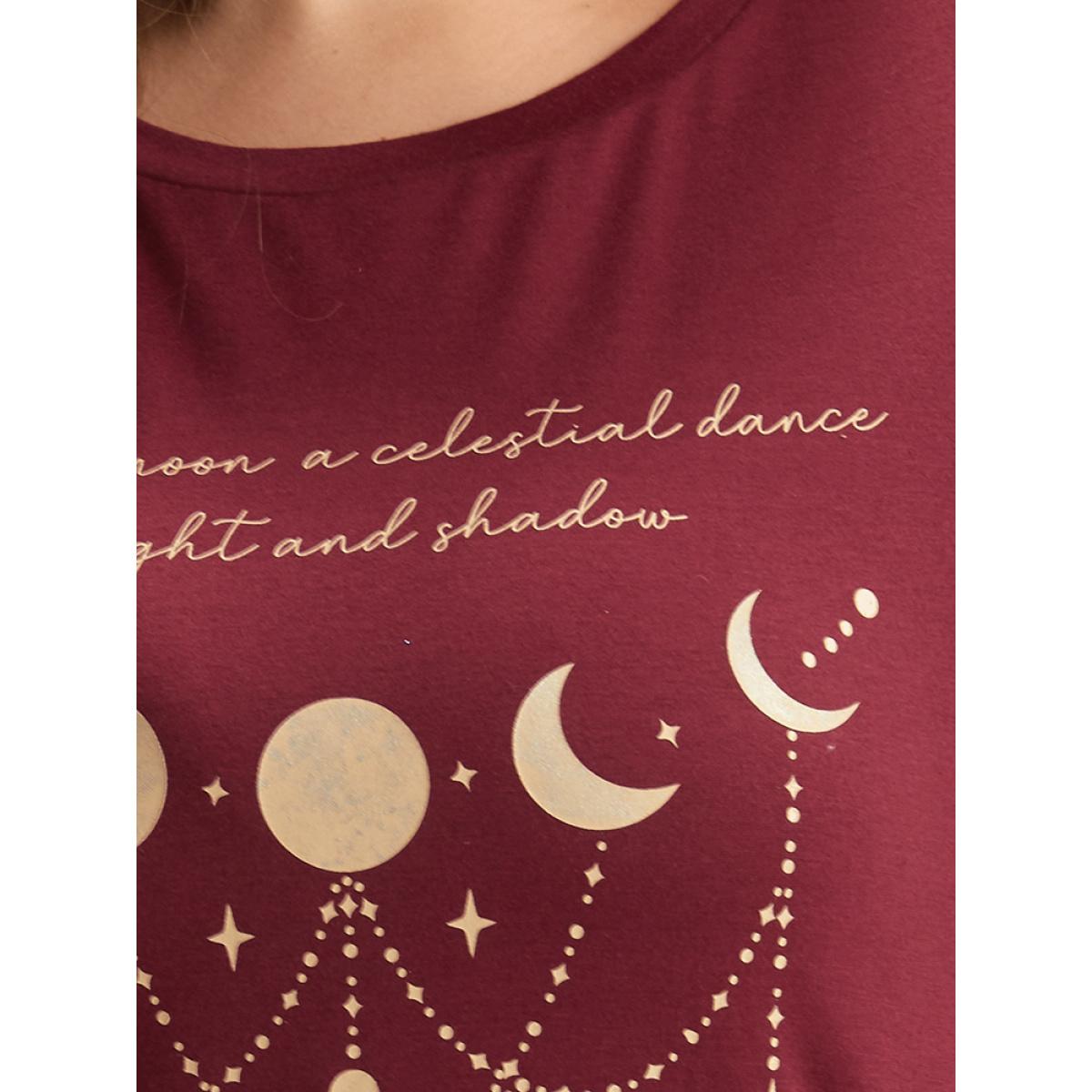 Plus Size Moon & Star Print Round Neck T-shirt Burgundy Women Casual Printed Star and moon Dailywear T-shirts BloomChic 12/L Product Image