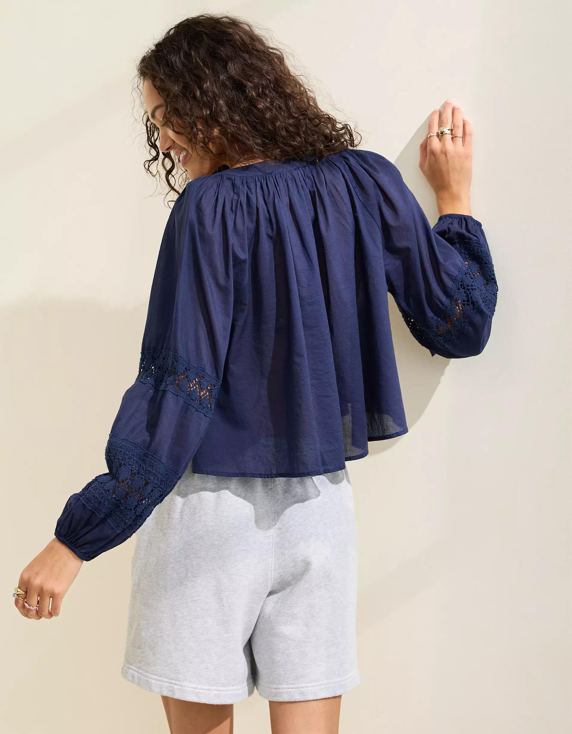 Aerie Long Sleeve Crochet Button Down Shirt Product Image