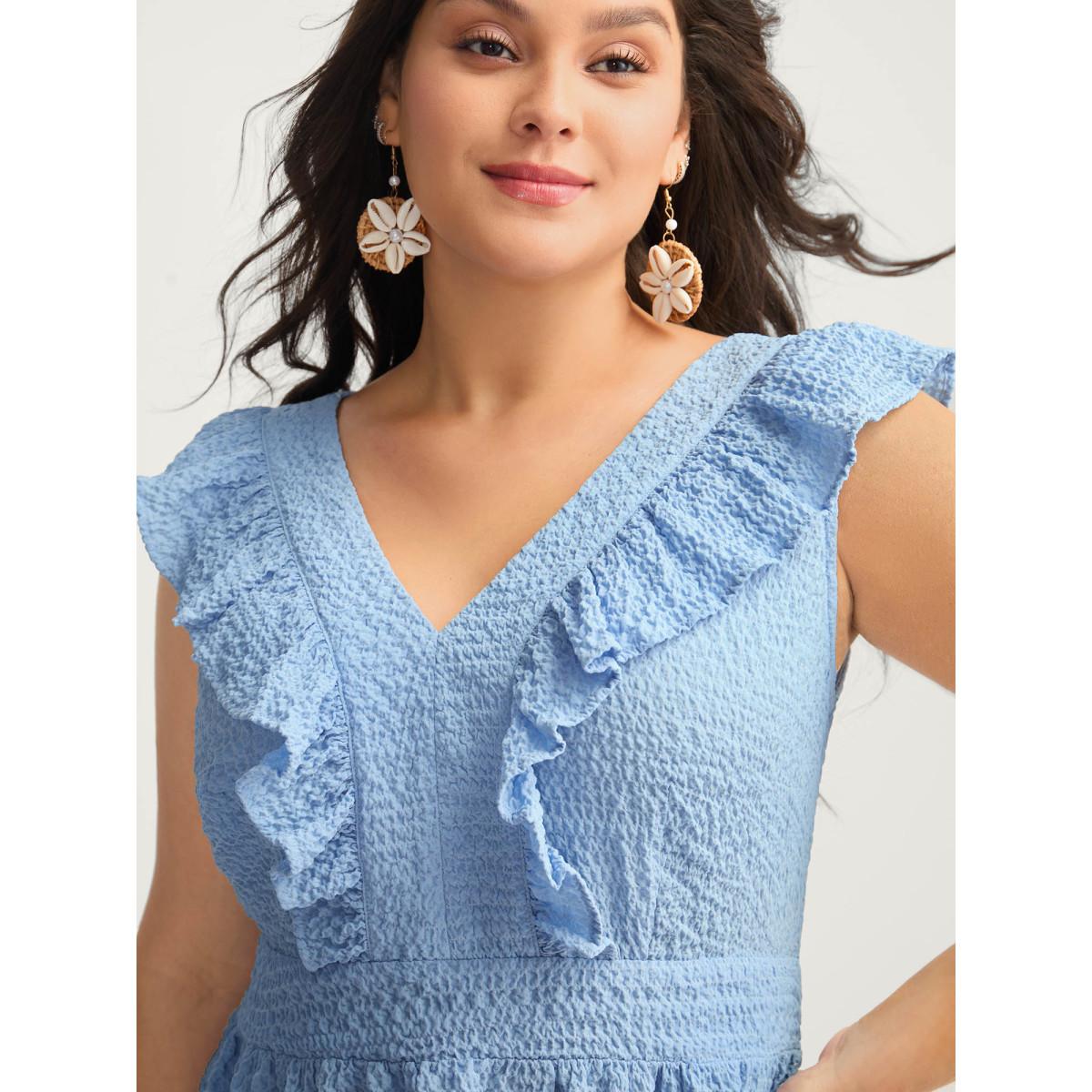 Plus Size Ruffled Neck Textured Sleeveless Midi Dress LightBlue Women V-neck Cap Sleeve Curvy BloomChic 14-16/1X Product Image