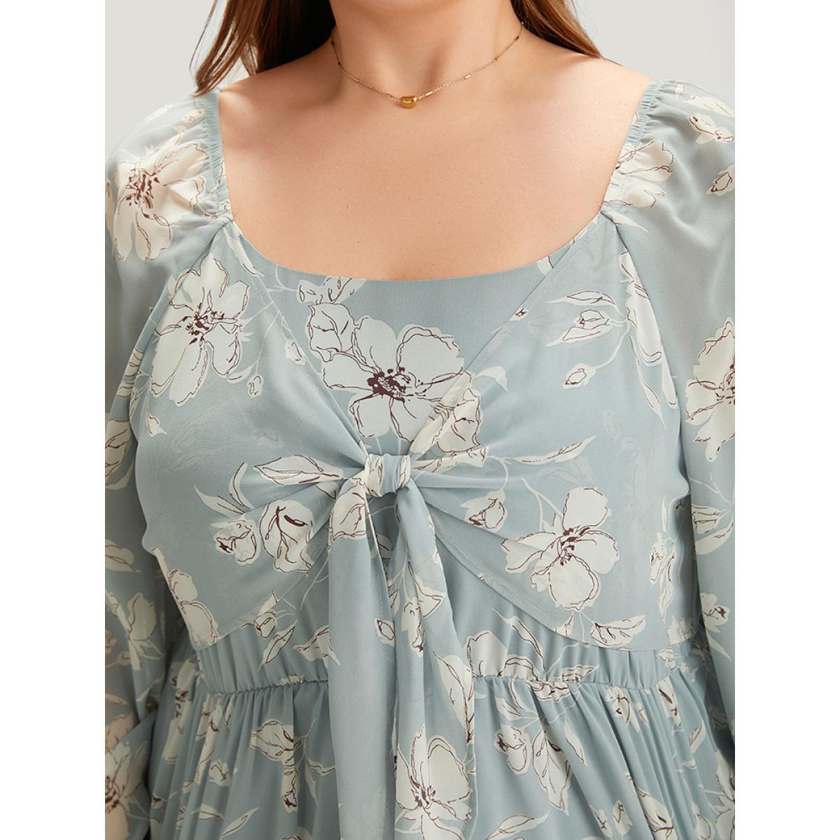 Plus Size LightBlue Silhouette Floral Print Twist Front Gathered Lantern Sleeve Blouse Women Elegant Long Sleeve Scoop Neck Dailywear Blouses BloomChic 12/L Product Image