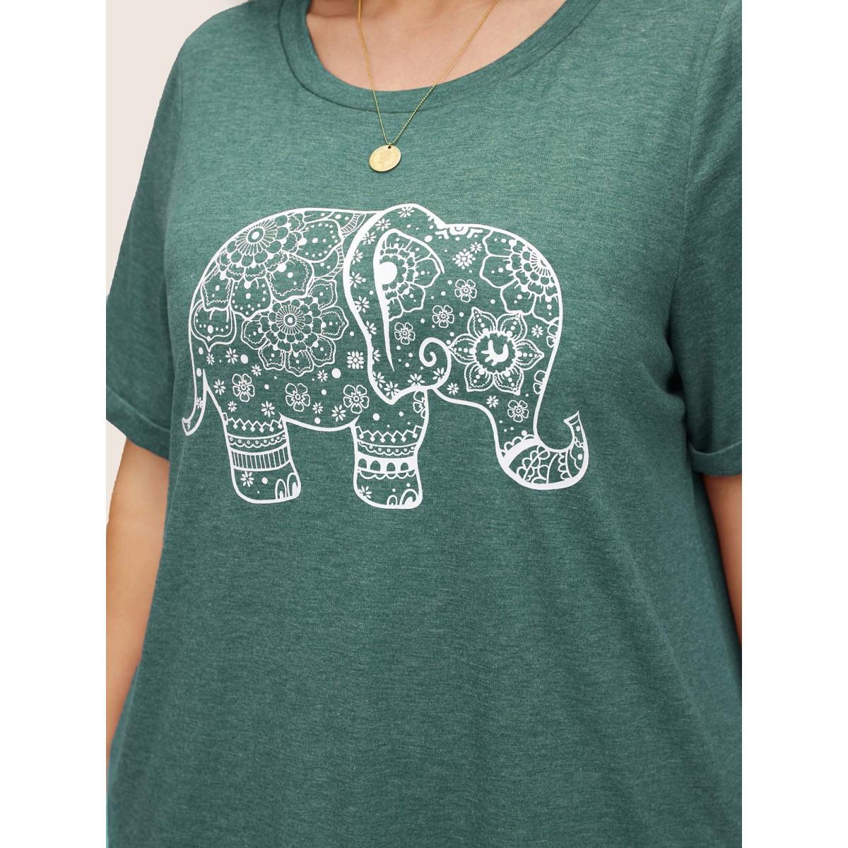 Plus Size Art & Design Elephant Print T-shirt Green Women Casual Non Art&design Round Neck Everyday T-shirts BloomChic 14-16/1X Product Image