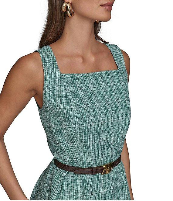 Donna Karan Tweed Square Neck Sleeveless Belted Fit and Flare Midi Dress Product Image
