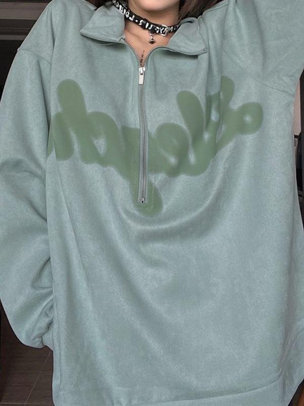 Vintage Suede Letter Print Half Zip Sweatshirt Product Image