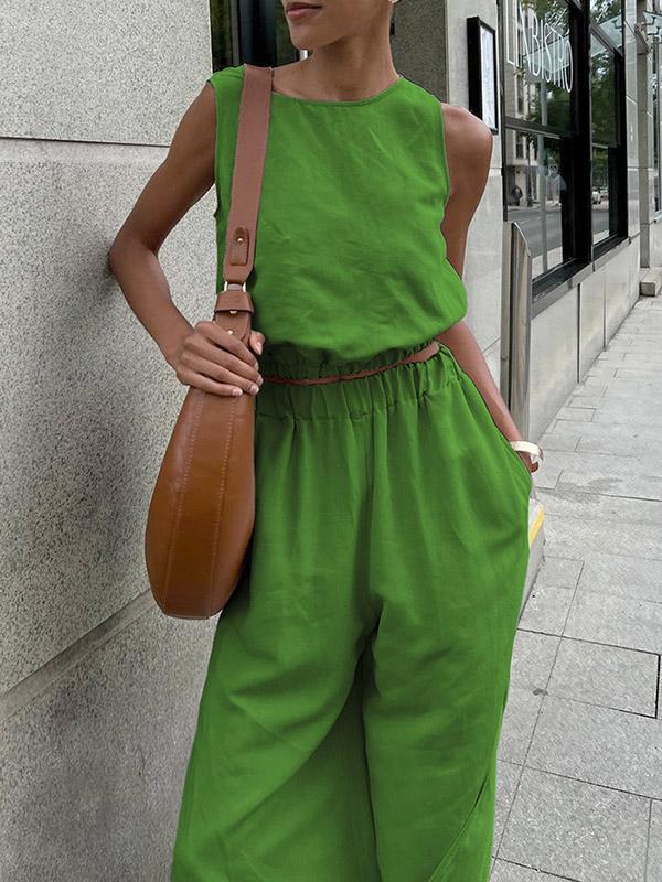 Loose Elasticity Solid Color Split-Joint Round-Neck Vest + High Waisted Split-Side Pants Two Pieces Set Product Image
