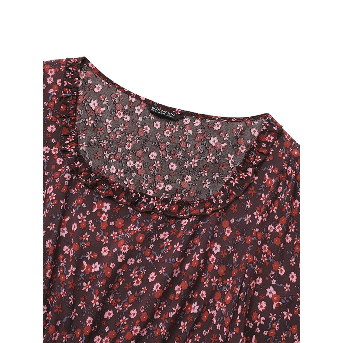 Plus Size Ditsy Floral Patchwork Square Neck Frill Trim Dress Russet Women Vacation Elastic cuffs Square Neck Elbow-length sleeve Curvy Midi Dress BloomChic 10/M Product Image