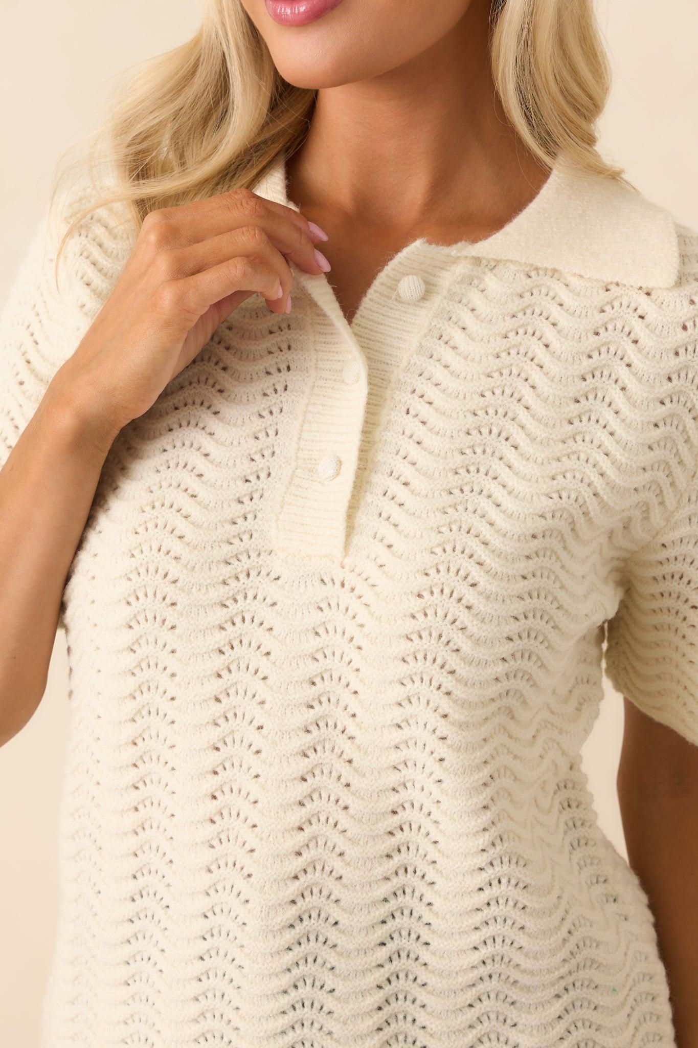 Left It At That Ivory Scalloped Pointelle Knit Short Sleeve Sweater Product Image