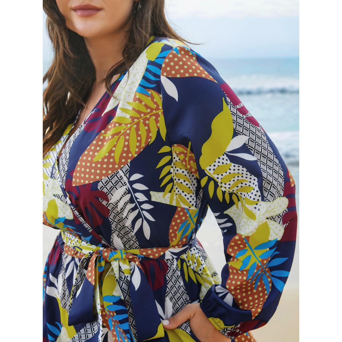 Plus Size Surplice Neck Tropical Leaf Pockets Midi Dress DarkBlue Women Elegant Belted Overlap Collar Long Sleeve Curvy BloomChic 22-24/3X Product Image