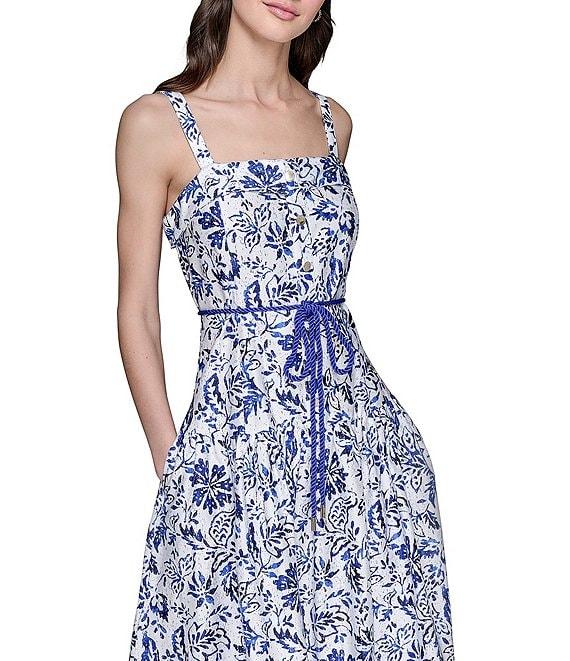 KARL LAGERFELD PARIS Floral Printed Square Neck Sleeveless A-Line Midi Dress Product Image