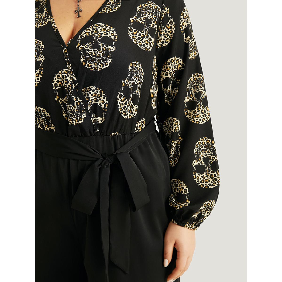 Plus Size BlackFlower Halloween Skull Print Pocket Elastic Waist Belted Jumpsuit Women Office Long Sleeve V-neck Festival-Halloween Loose Jumpsuits BloomChic 28/5X Product Image