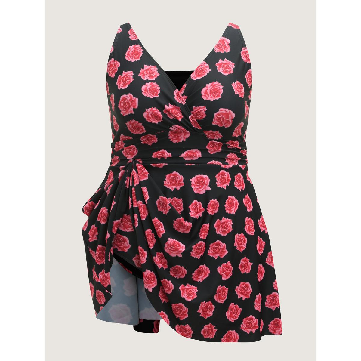 Plus Size Anti-Float Tie Rosy Print Swim Dress Women's Swimwear Black Beach Bodycon Overlap Collar High stretch Curve Swim Dresses BloomChic 30/6X Product Image