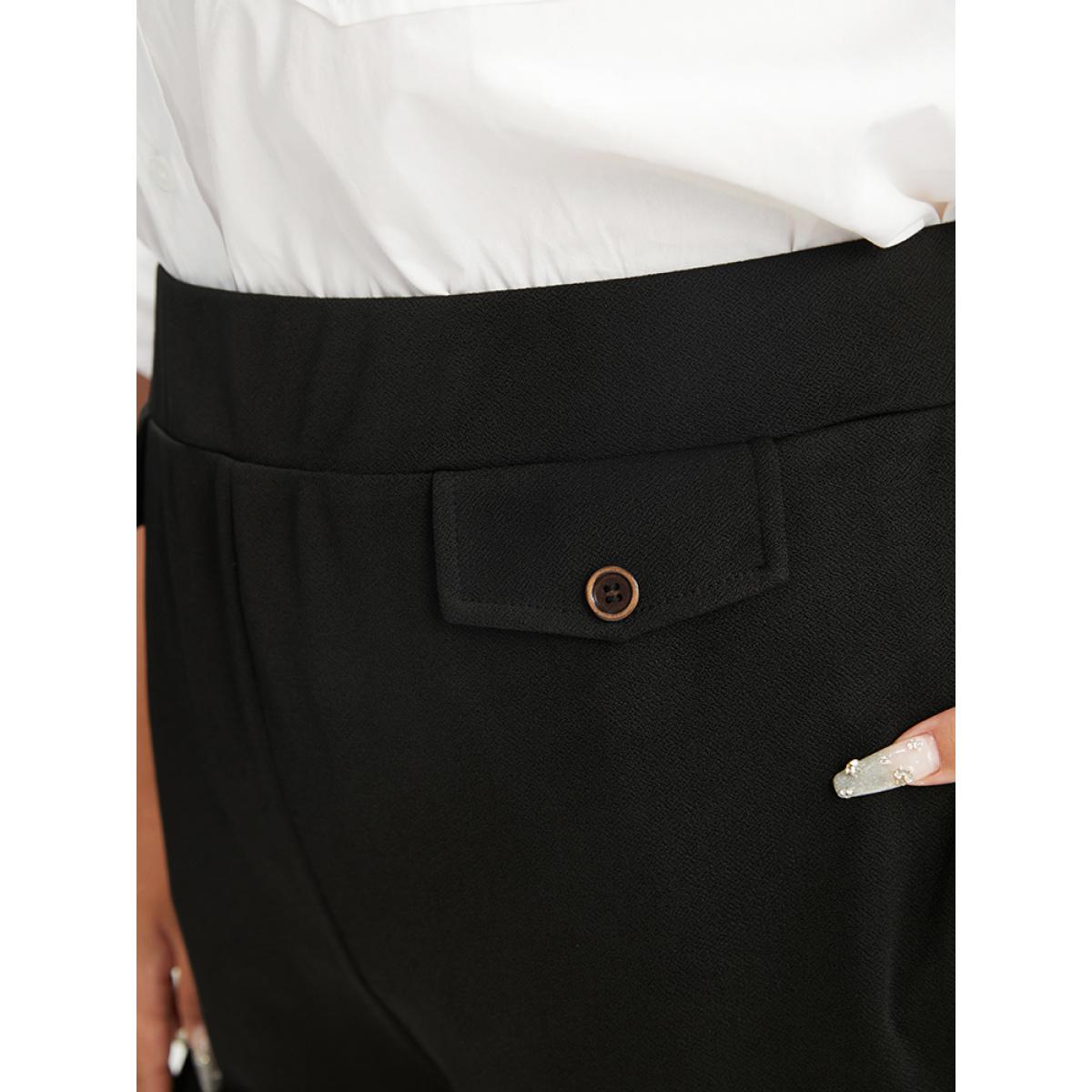 Plus Size Solid Button Detail Elastic Waist Pocket Pants Women Black Office High Rise Work Pants BloomChic 18-20/2X Product Image