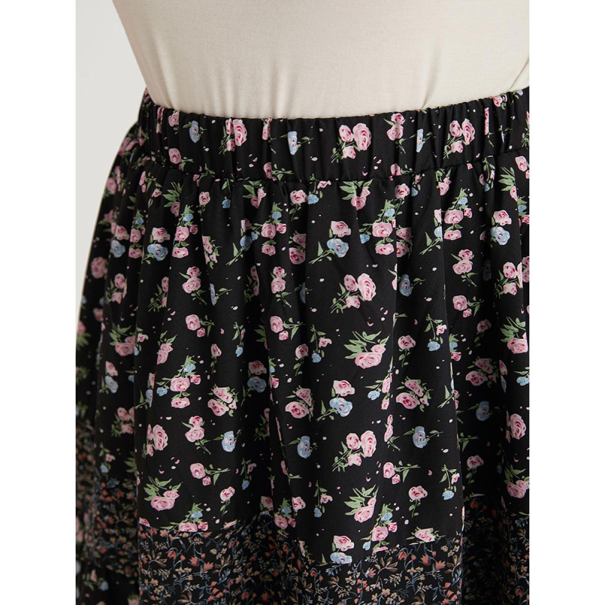 Plus Size Ditsy Floral Patchwork Elastic Waist Skirt Women BlackFlower Elegant Patchwork No stretch Pocket Dailywear Skirts BloomChic 28/5X Product Image