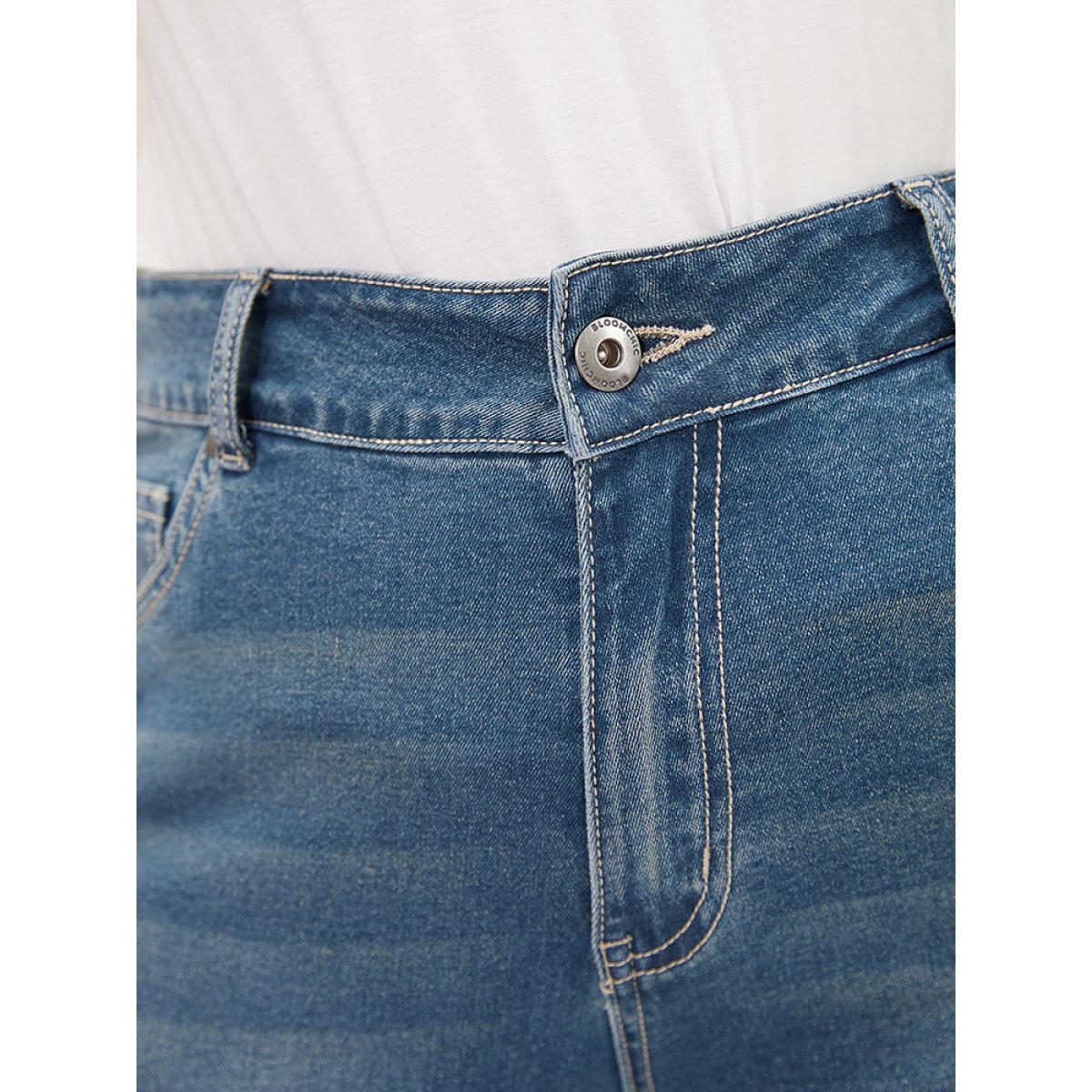 Plus Size Skinny Very Stretchy High Rise Medium Wash Cropped Jeans Women Indigo Casual Plain High stretch Side seam pocket Jeans BloomChic 20/2X Product Image