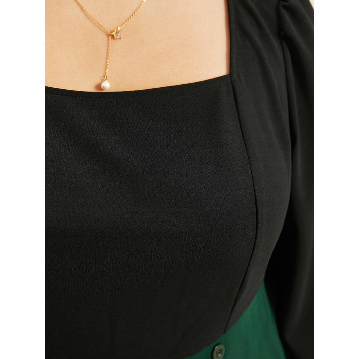 Plus Size Colorblock Patchwork Button Detail Dress DarkGreen Women Elegant Elastic cuffs Square Neck Long Sleeve Curvy Midi Dress BloomChic 22-24/3X Product Image