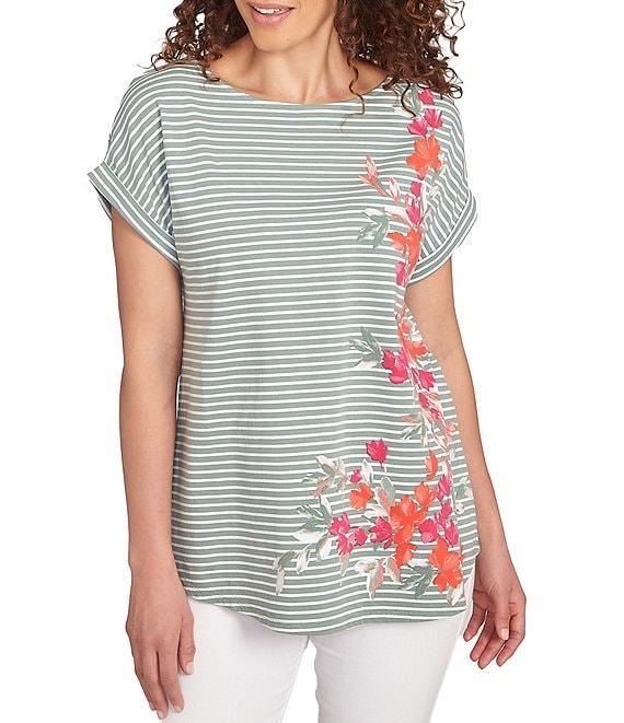 Ruby Rd. Soft Jersey Knit Floral Stripe Boat Neck Short Cuff Sleeve Top Product Image