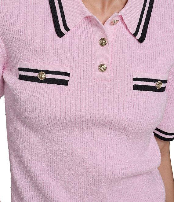 KARL LAGERFELD PARIS Knit Point Collar Short Sleeve Polo Top Product Image