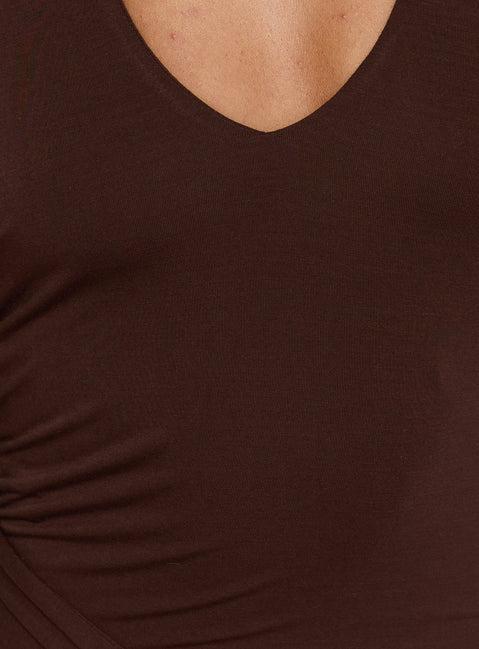 Moonlit Honey Asymmetrical Halter Jersey Midi Dress Chocolate Product Image