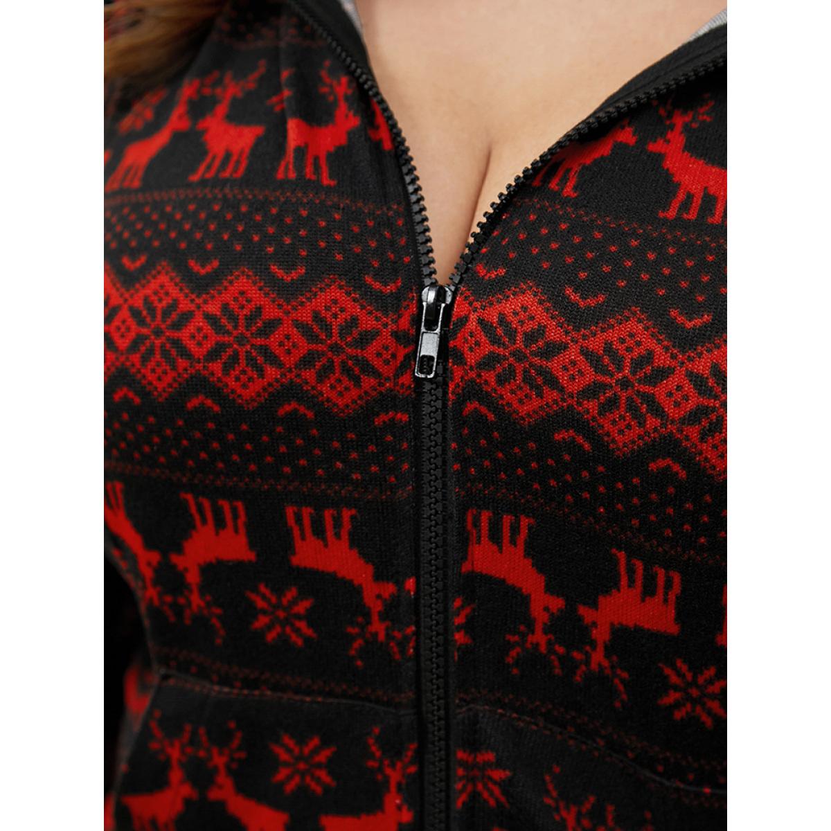 Plus Size Elk & Snowflake Print Pocket Drawstring Zipper Hooded Jumpsuit Women Scarlet Elegant Graphic-Halloween Zipper Hooded Pocket Loungewear BloomChic 14-16/1X Product Image