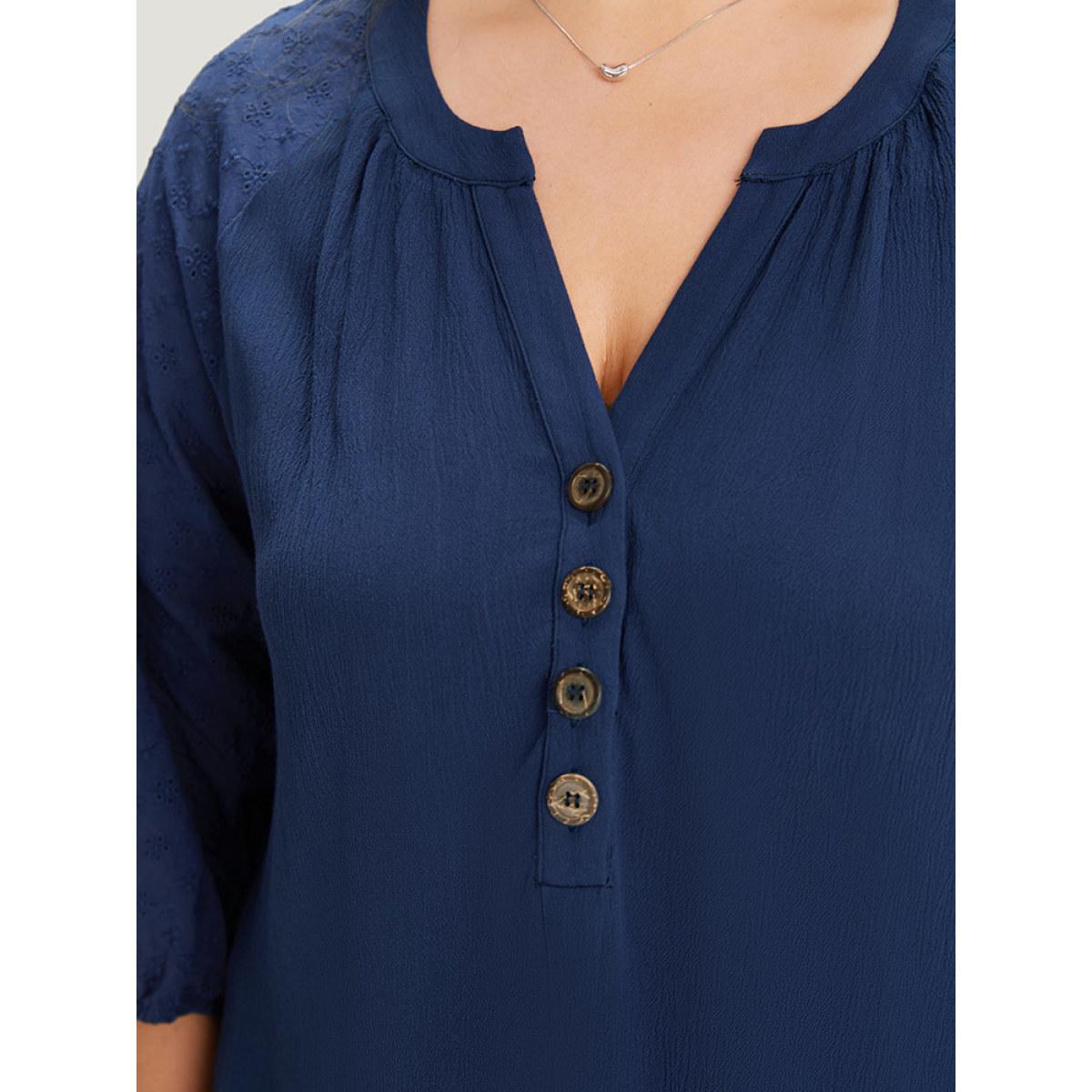 Plus Size Indigo Solid Button Up Patchwork Notched Lantern Sleeve Blouse Women Office Elbow-length sleeve Notched collar Office Blouses BloomChic 12/L Product Image