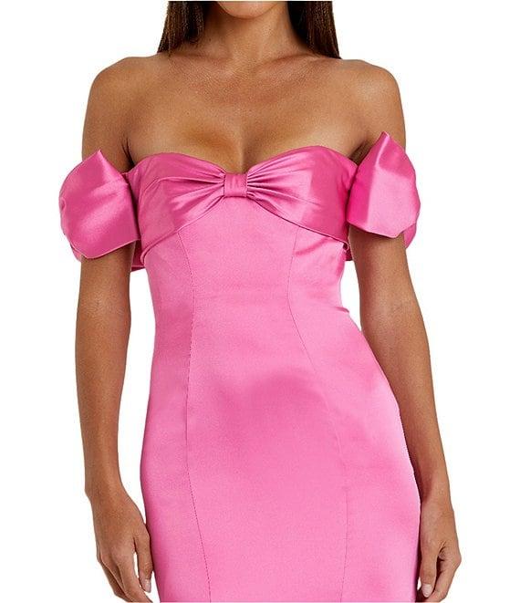 Mac Duggal Satin Off-The-Shoulder Neck Short Sleeve Bow Detail Gown Product Image