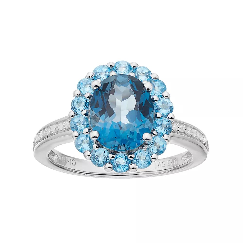 Celebration Gems Sterling Silver London Blue Topaz, Blue Topaz & 1/10 Carat T.W. Diamond Oval Halo Ring, Women's,  Product Image