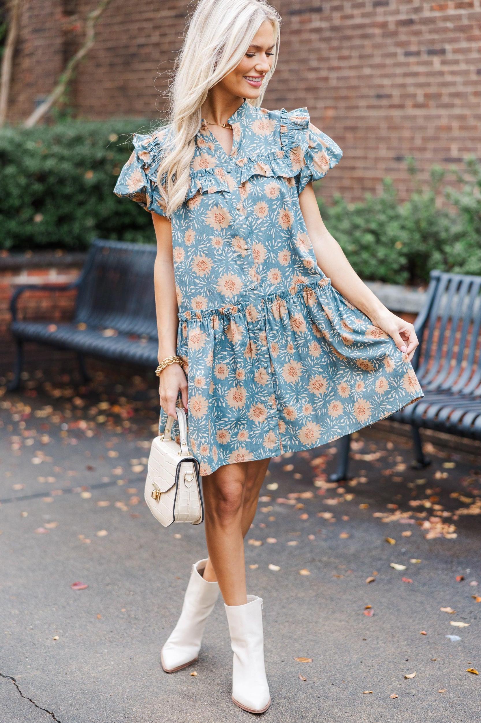 Bring It On Home Dusty Blue Floral Dress Female Product Image