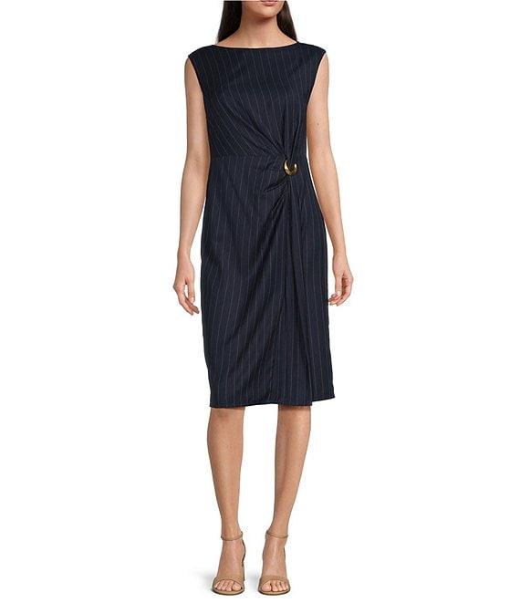 Donna Karan Pinstripe Crew Neck Cap Sleeve O-Ring Ruched Sheath Dress Product Image