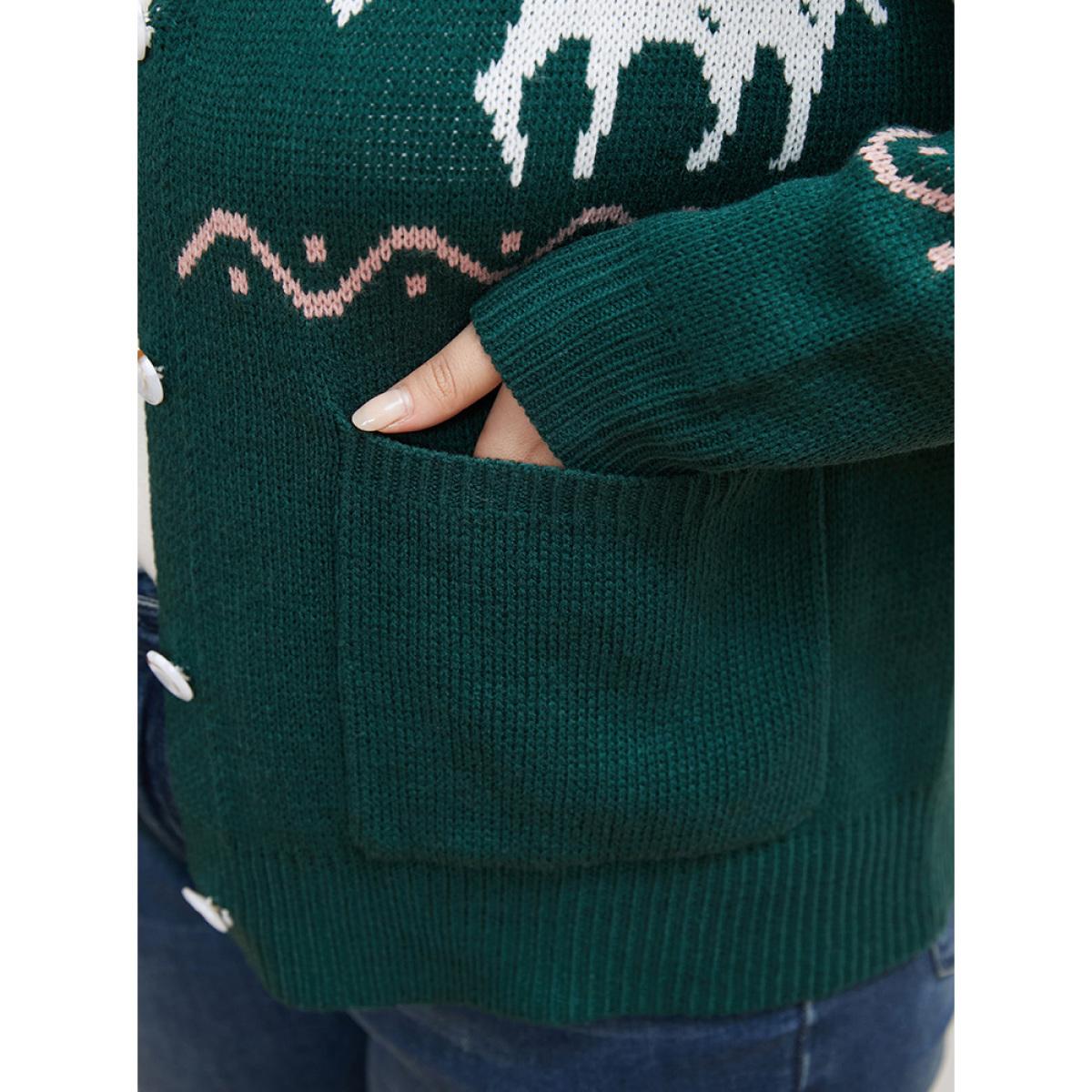 Plus Size Elk Print Pointelle Knit Pocket Jacquard Button Front Cardigan DarkGreen Women Casual Loose Long Sleeve Dailywear Cardigans BloomChic 30/6X Product Image