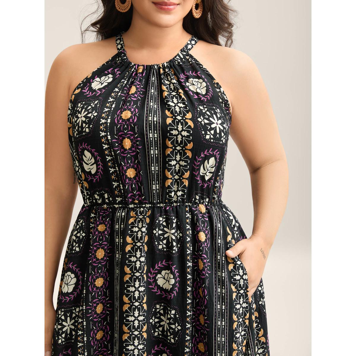 Plus Size Rayon Tropical Boho Print Stretchy Maxi Dress BlackFlower Women Halter neck Sleeveless Curvy BloomChic 26/4X Product Image