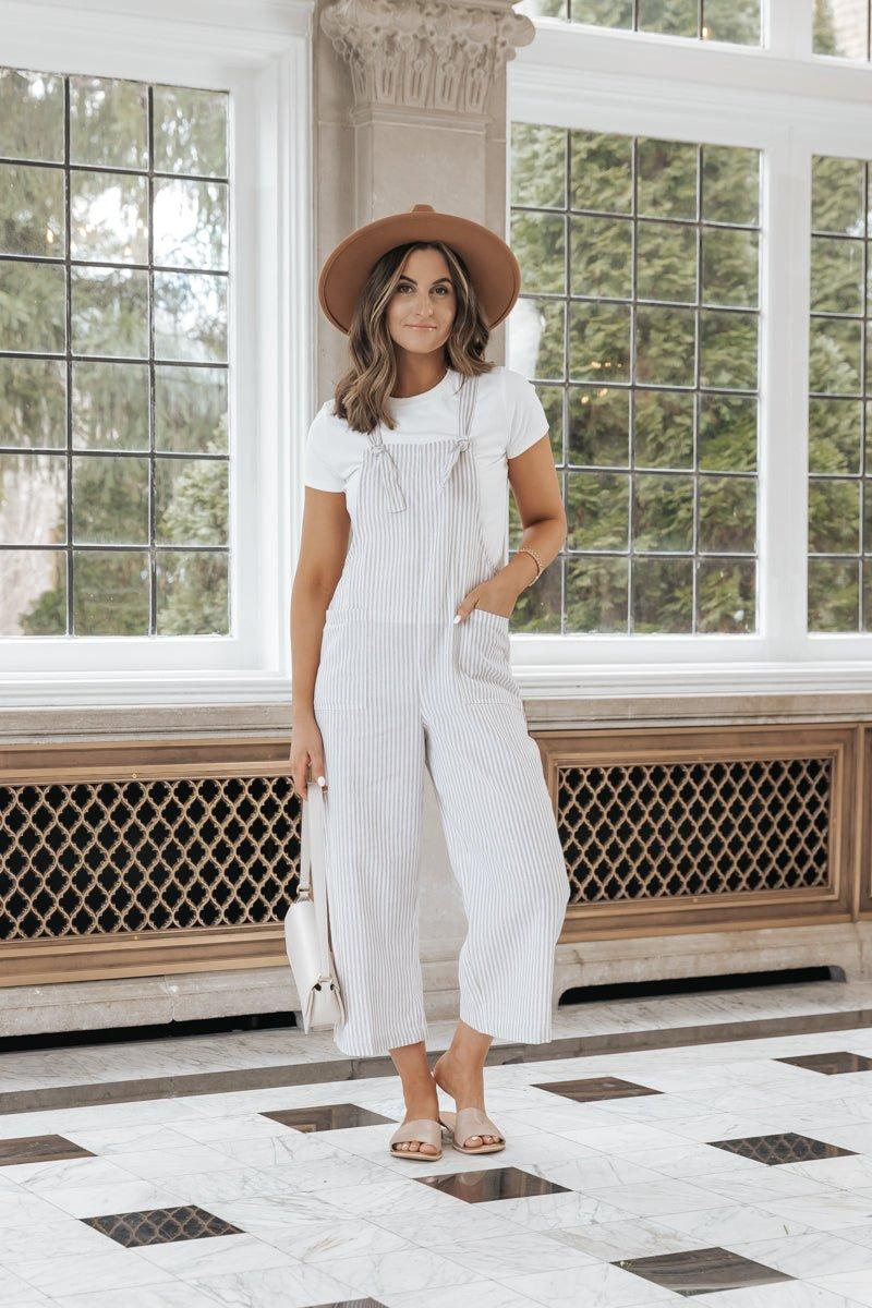 Taupe Stripe Linen Jumpsuit - FINAL SALE Product Image