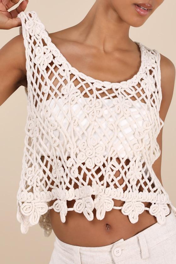 Taisia Cream Sheer Crochet Knit Tank Top Product Image