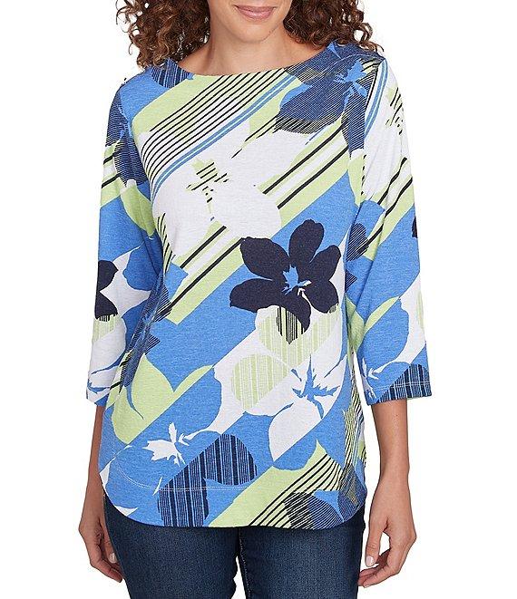 Ruby Rd. Stripe Floral Boat Neck 3/4 Sleeve Knit Top Product Image