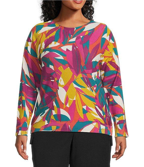 Investments Plus Size Stained Leaves Long Sleeve Boat Neck Pullover Sweater Product Image