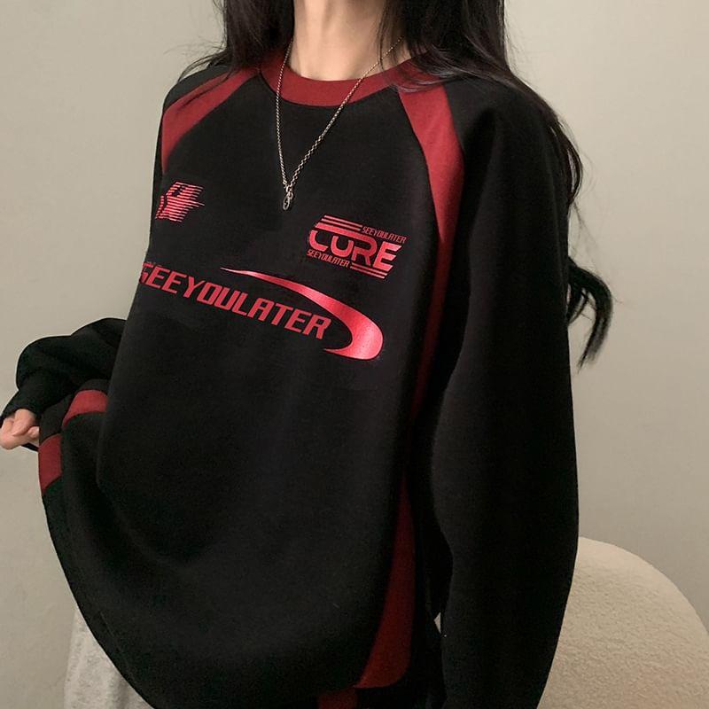 Crew Neck Lettering Print Raglan Fleece-Lined Sweatshirt Product Image